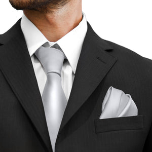 GASSANI 3-SET sada saténové kravaty, 8 cm úzká světle šedá pánská kravata, kapesník, svatební kravata