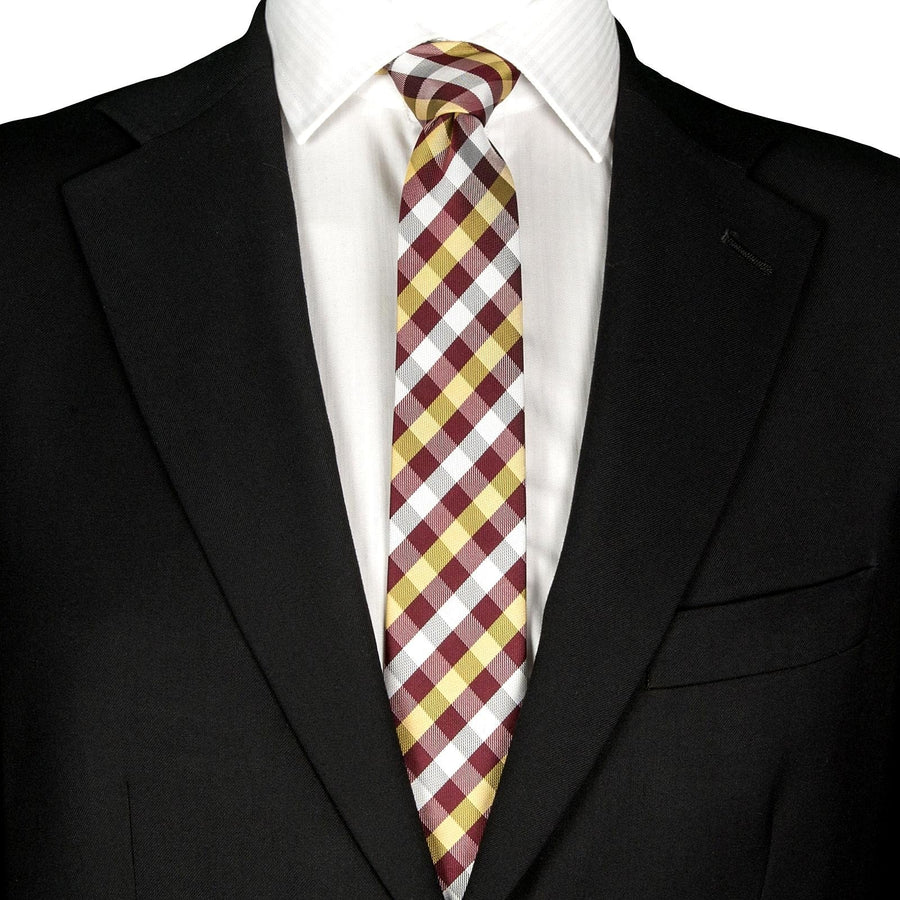 GASSANI Cravatta da uomo a quadri in oro rosso bordeaux 6 cm, cravatta con motivo a quadri
