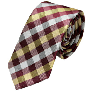6cm úzká bordeauxská červená zlatá kostkovaná pánská kravata, kostkovaný pořadač na kravaty v dárkové krabičce plechová kasička