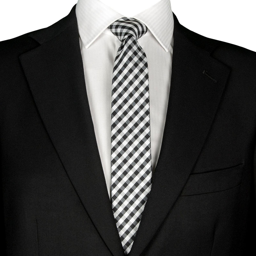 6m úzká černá a bílá kostkovaná pánská kravata, kostkovaný vzor vintage kravatový pořadač