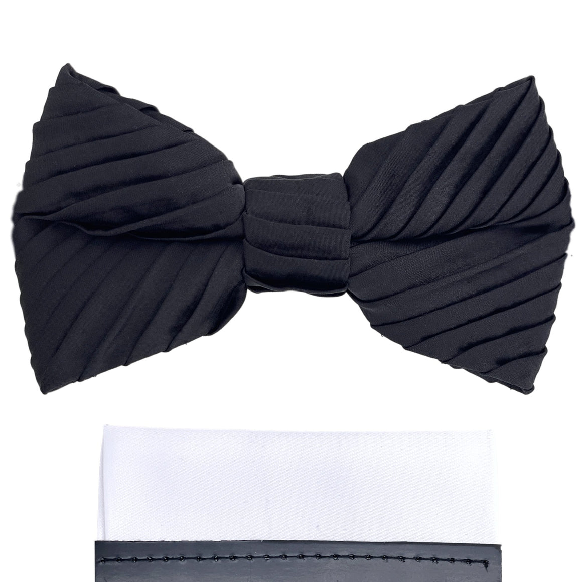 GASSANI 2-set nero festivo papillon da uomo vintage plissettato, fazzoletto bianco pre-piegato, papillon da sposa legato