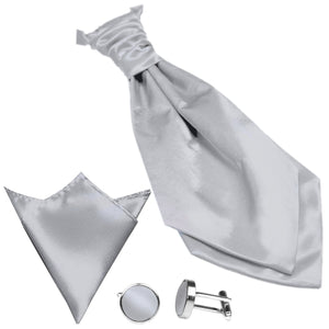 GASSANI 3-SET set cravatta plastron in raso, cravatta da sposa grigio argento, cravatta sciarpa e fazzoletto