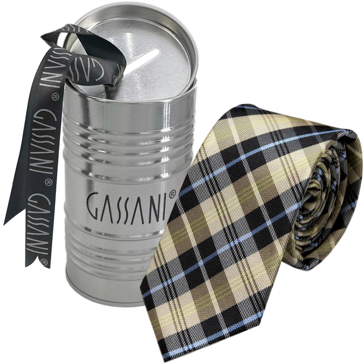 Cravatta da uomo a quadri beige-nera stretta 6 cm, cravatta a quadri scatola regalo salvadanaio in latta