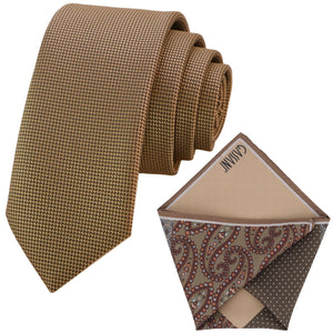 Parure cravatta GASSANI, cravatta da uomo lunga 6 cm beige stretta, fazzoletto colorato 4 disegni
