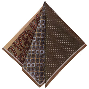 GASSANI Set Cravatta, Cravatta Marrone Dritta Stretta 6 cm, Fazzoletto Da Taschino Colorato 4 Disegni