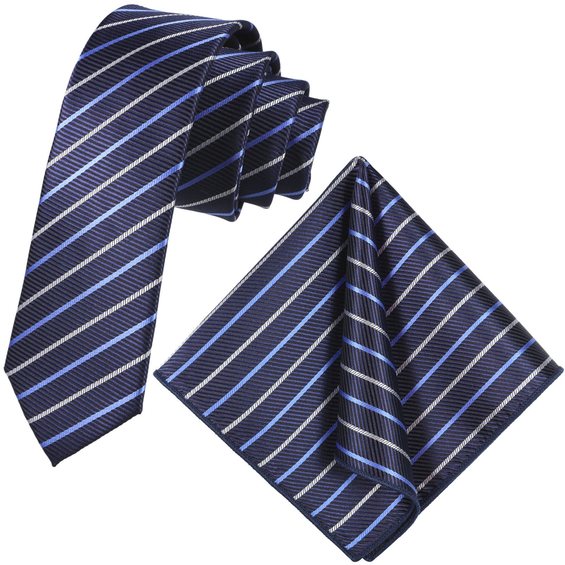 GASSANI 2-SET Krawattenset Stahlblau Streifen Gestreift, 6cm Dünne Schmale Hell-Blau Weiß Gestreifte Jacquard Herren-Krawatte,  Einstecktuch