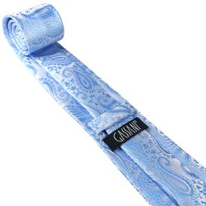 Sada kravat GASSANI 3-SET, světle modrá Paisley Slim pánská kravata, 7 cm Skinny Jacquard Svatební kravata Kapesní manžetové knoflíčky
