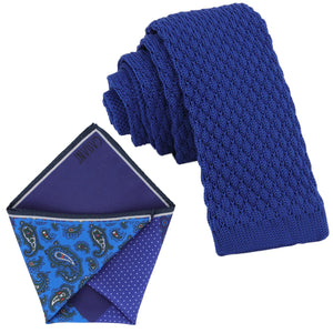 GASSANI Set Cravatta, Cravatta Stretta Diritta Blu Royal 6cm, Fazzoletto Da Taschino Colorato 4 Disegni