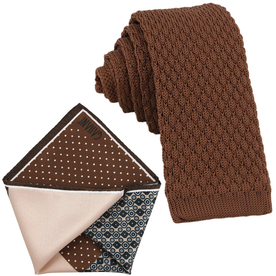 Sada kravat GASSANI, 6 cm úzká rovná hnědá pletená kravata, kapesní čtvercová barevná 4 vzory