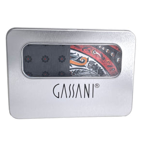 Kapesník GASSANI Broken Suite černo-šedo-oranžové barevné 4 designy, s dárkovou krabičkou plechovka