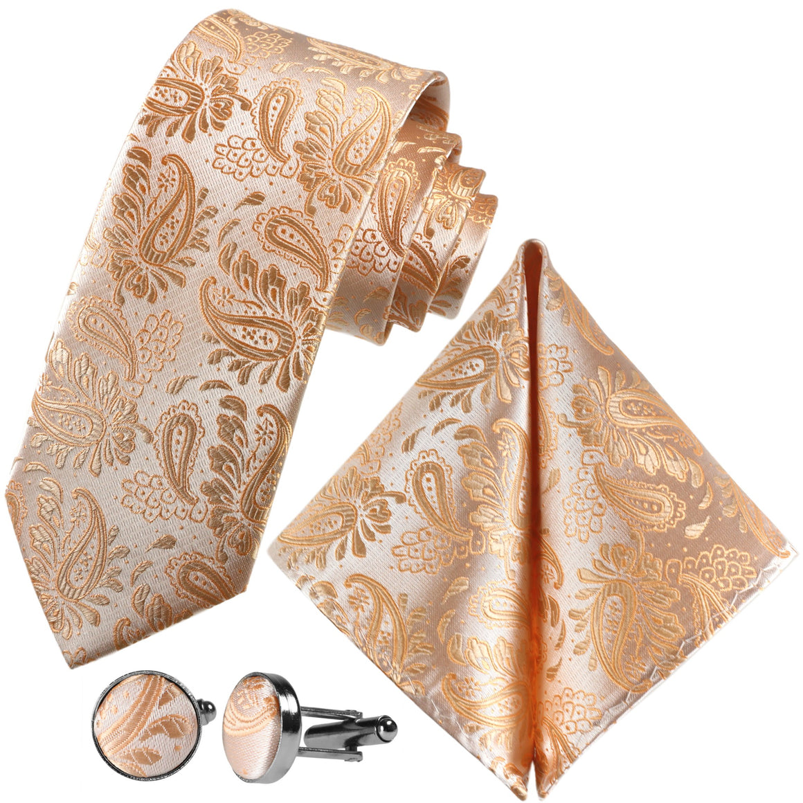 GASSANI 3-SET set cravatta, champagne albicocca Cravatta uomo slim Paisley, 7 cm Cravatta matrimonio jacquard sottile Pochette Gemelli