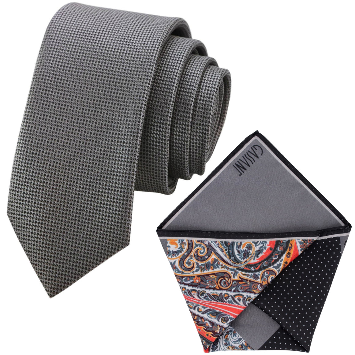 Parure cravatta GASSANI, larghezza 6 cm, cravatta uomo stretta grigia, fazzoletto lungo, 4 disegni colorati