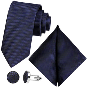 GASSANI 3 ks. Souprava, 8 cm úzká tmavě modrá pánská kravata, extra dlouhá, svatební kravata, souprava kravat, pánská kravata, kapesník, manžetové knoflíčky