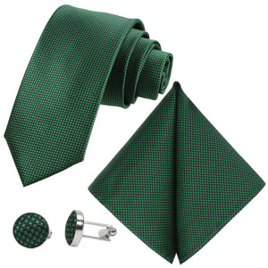 GASSANI 3 Tlg. Set, 8 Cm Schmale Smaragd-Grüne Herrenkrawatte Extra-Lang, Hochzeitskrawatte, Krawatten-Set Einstecktuch Manschettenknöpfe
