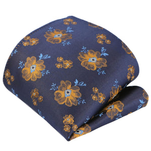 Set di cravatte GASSANI 2-SET, cravatta a fiore extra lunga blu scuro floreale in oro giallo, fazzoletto da cravatta da uomo jacquard sottile 6 cm