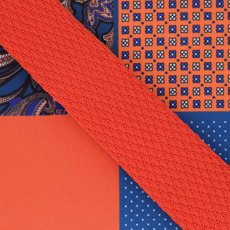 GASSANI Set Cravatta, Cravatta A Maglia Arancione Stretta 6 cm, Fazzoletto Da Taschino Colorato 4 Disegni