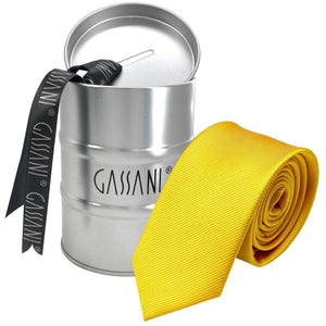 Pánský kravatový pořadač GASSANI 6cm úzký žlutý pruhovaný Uni Rips v dárkové krabičce Plechová pokladnička