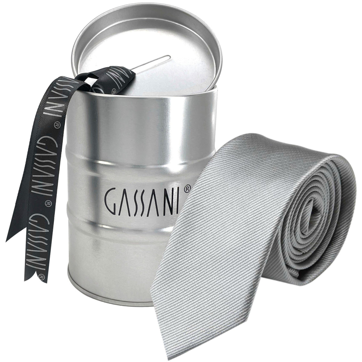 GASSANI Raccoglitore per cravatte da uomo a righe grigie strette da 6 cm Uni Rips in confezione regalo Salvadanaio in latta
