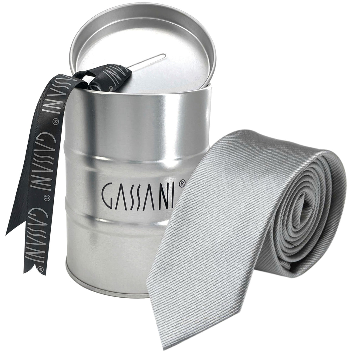 GASSANI Raccoglitore per cravatte da uomo a righe grigie strette da 8 cm Uni Rips in confezione regalo Salvadanaio in latta