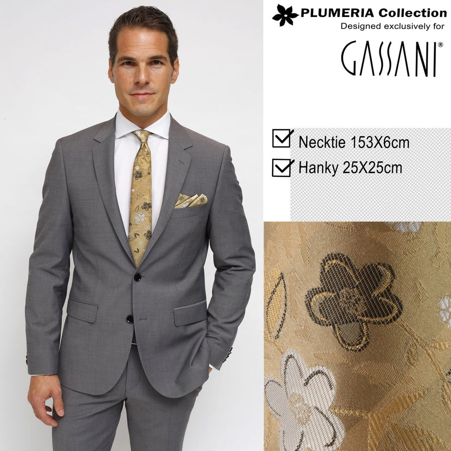 GASSANI 2-SET set cravatta, cravatta sottile beige-oro extra lunga da uomo floreale, fazzoletto da cravatta jacquard sottile 6 cm