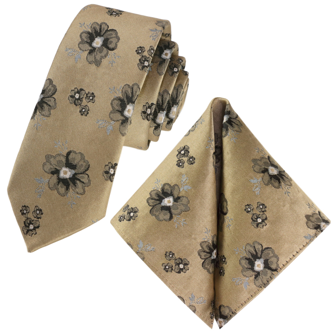 Set di cravatte GASSANI 2-SET, cravatta a fiori extra lunga sottile dorata floreale grigio-nero, fazzoletto da taschino per cravatta da uomo jacquard sottile 6 cm