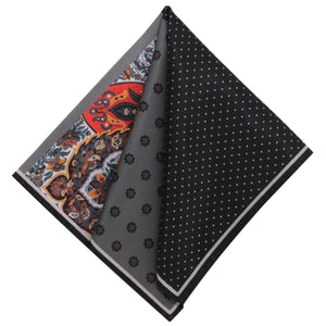 Parure cravatta GASSANI, cravatta dritta stretta 6cm in maglia grigio scuro, fazzoletto colorato 4 disegni