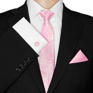 GASSANI 3-SET Set Cravatta, Cravatta da Uomo Slim Paisley Rosa Chiaro, Cravatta da Sposa Jacquard Sottile 7 cm Gemelli con Fazzoletto da Taschino