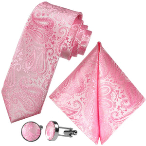 Sada kravat GASSANI 3-SET, světle růžová tenká pánská kravata Paisley, 7 cm tenká žakárová svatební kravata, kapesní manžetové knoflíčky