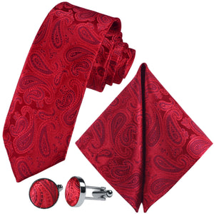 GASSANI 3-SET Set Cravatta, Cravatta da Uomo Slim Paisley Rosso Chiaro, Cravatta da Sposa Jacquard Sottile 7 cm Gemelli con Fazzoletto da Taschino
