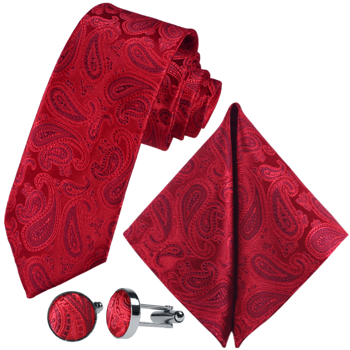 Sada kravat GASSANI 3-SET, světle červená Paisley Slim pánská kravata, 7 cm tenká žakárová svatební kravata, kapesní manžetové knoflíčky