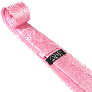 Sada kravat GASSANI 3-SET, světle růžová tenká pánská kravata Paisley, 7 cm tenká žakárová svatební kravata, kapesní manžetové knoflíčky