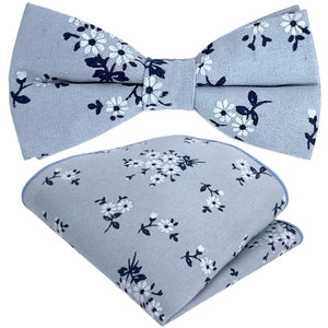 GASSANI set di 2 papillon da sposa in lino grigio-blu, fazzoletto con fiori, fiocco di fiori pre-annodato