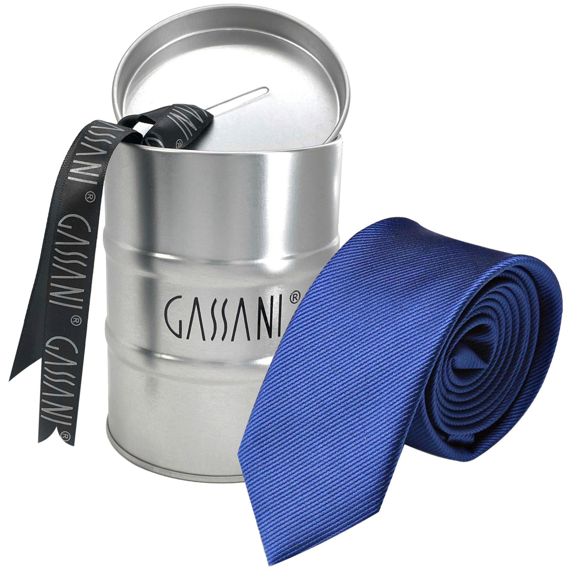 GASSANI 6 cm Stretto Blu Royal Strisce Uni Rips Raccoglitore per Cravatte da Uomo in Confezione Regalo Salvadanaio di Latta