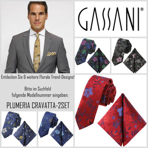 GASSANI 2-SET sada kravat, slim modrá extra dlouhá pánská kravata zlatá květinová, 6 cm tenký žakárový svatební kapesník do kravaty