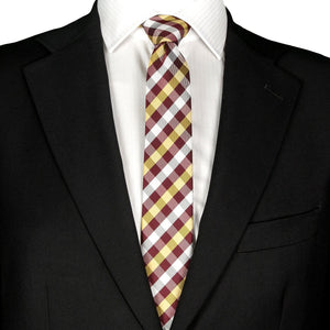 Cravatta da uomo a scacchi in oro rosso bordeaux stretto da 6 cm, raccoglitore per cravatta a scacchi in scatola regalo salvadanaio in latta