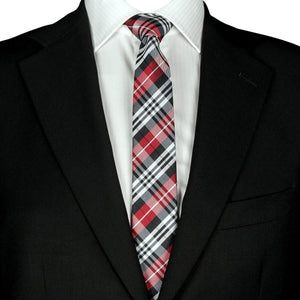 Cravatta da uomo a scacchi rossa e nera stretta 6 cm, raccoglitore per cravatta a scacchi in scatola regalo salvadanaio di latta