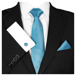 GASSANI 3 ks. Set 7cm Skinny Teal Blue Check Pánská kravata Svatební kravata Set Pánská kravata Kapesní manžetové knoflíčky