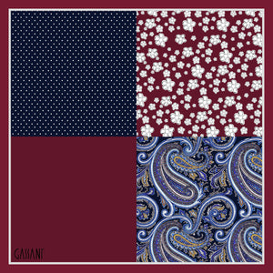 GASSANI Fazzoletto Broken Suite rosso bordeaux, blu multicolore 4 disegni, con confezione regalo in latta
