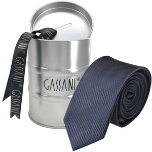 GASSANI 6cm úzký ocelový modrý pruhovaný uni Rips pánský kravatový pořadač v dárkové krabičce plechová kasička