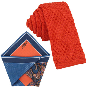 GASSANI Set Cravatta, Cravatta A Maglia Arancione Stretta 6 cm, Fazzoletto Da Taschino Colorato 4 Disegni