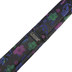 GASSANI 2-SET sada kravat, slim černá extra dlouhá pánská kravata zelená fialová květinová, 6cm tenký žakárový svatební kapesník do kravaty