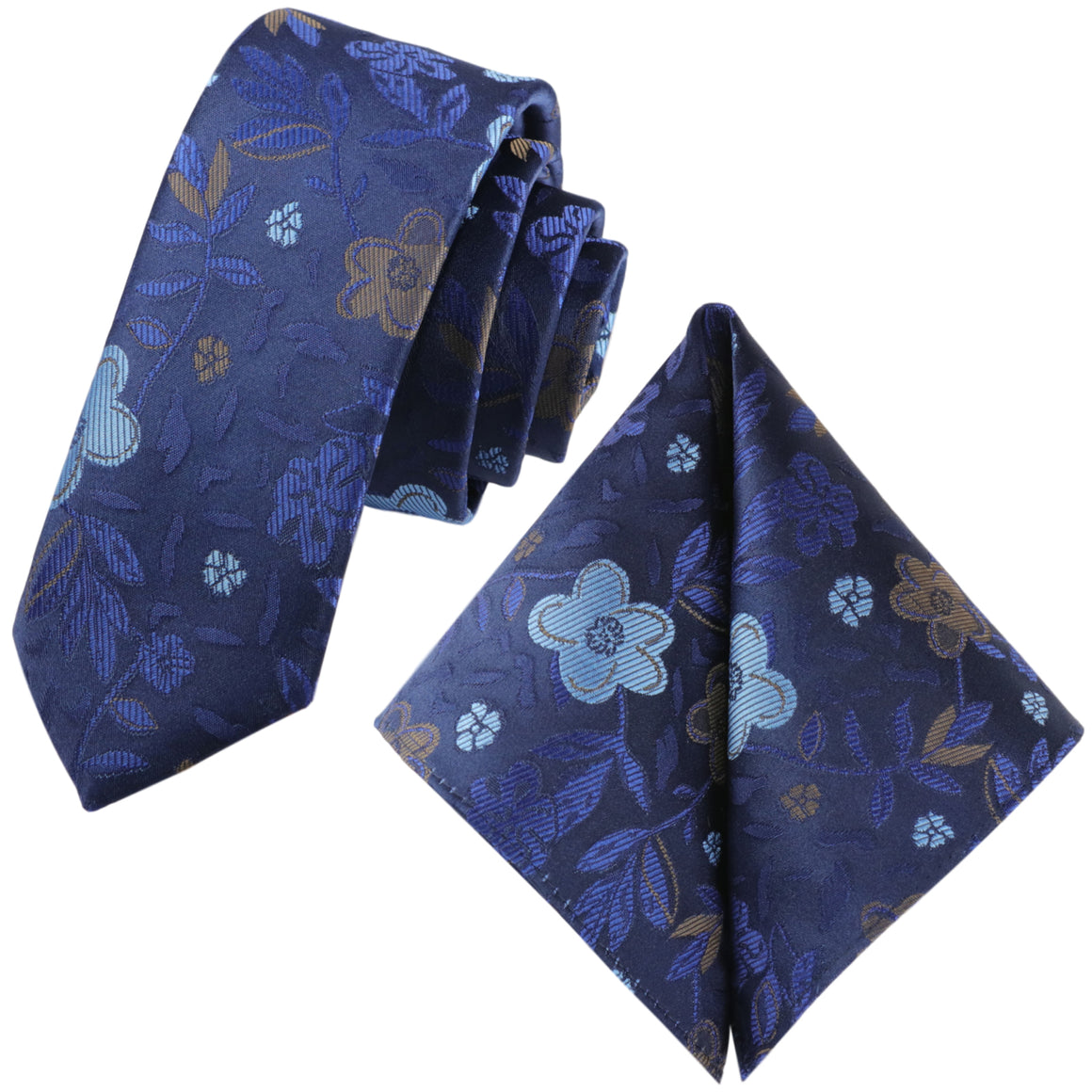 GASSANI Set di 2 cravatte, cravatta da uomo extra lunga blu sottile floreale, fazzoletto da taschino per cravatta da sposa jacquard sottile da 6 cm