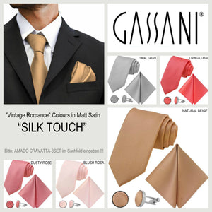 Parure cravatta GASSANI 3-SET, cravatta da uomo lunga 8 cm color rosso corallo, cravatta da sposa stretta