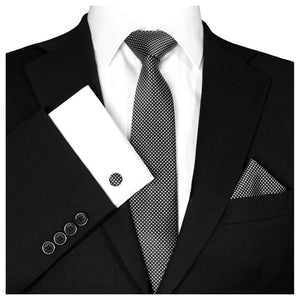 GASSANI 3 pz. Set, cravatta da uomo a scacchi bianca e nera stretta 7 cm, cravatta da sposa, set cravatta, cravatta da uomo, fazzoletto, gemelli
