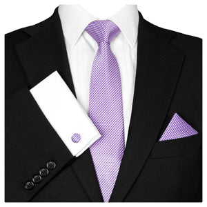 GASSANI 3 pz. Set, cravatta da uomo a scacchi viola e bianca stretta 7 cm, cravatta da sposa, set cravatta, cravatta da uomo, fazzoletto, gemelli
