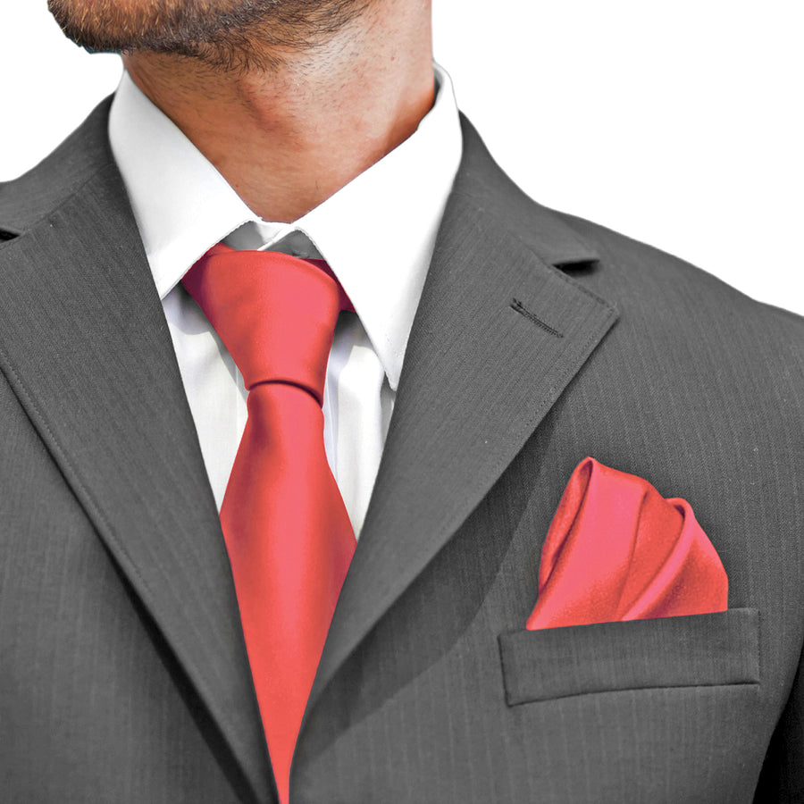 Parure cravatta GASSANI 3-SET, cravatta da uomo lunga 8 cm color rosso corallo, cravatta da sposa stretta