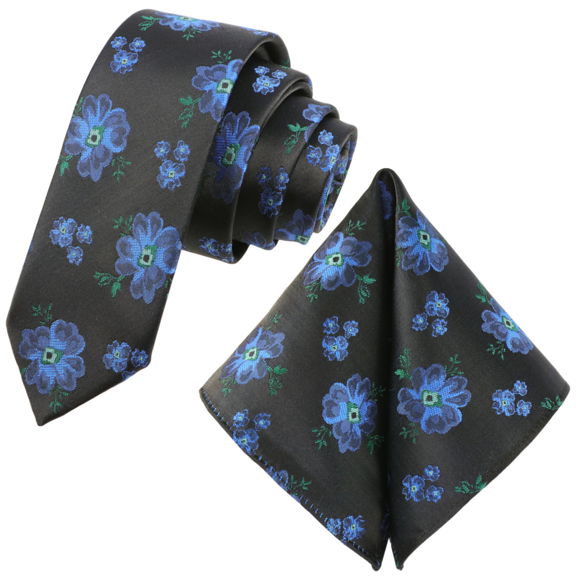 Set cravatta GASSANI 2-SET, cravatta floreale extra lunga nera slim blu royal floreale, fazzoletto da taschino cravatta uomo jacquard sottile 6 cm