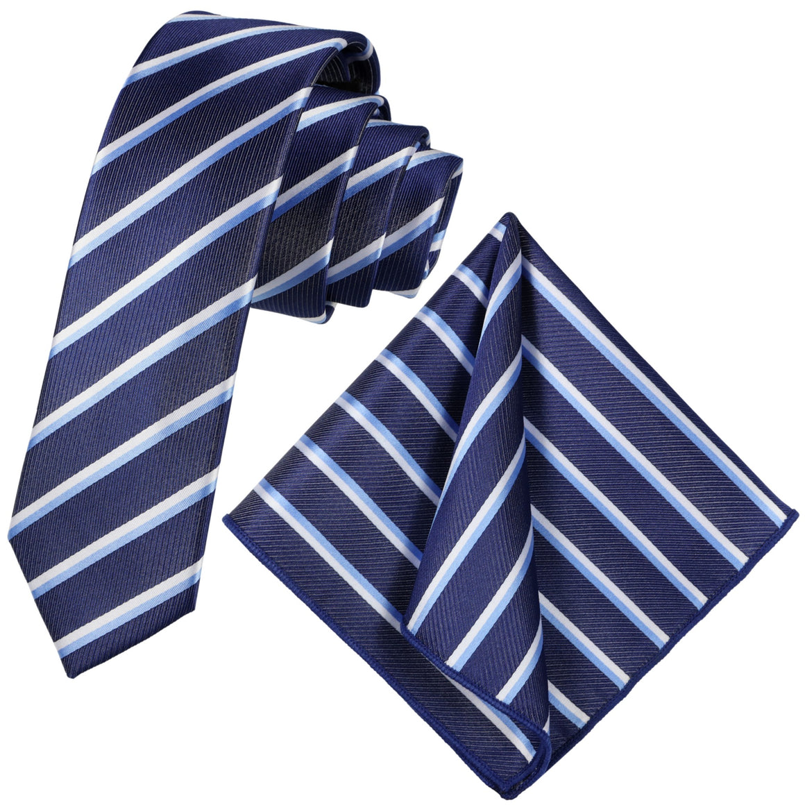 GASSANI Set di 2 cravatte a righe blu in acciaio, cravatta da uomo in jacquard a righe bianche e azzurre sottili 6 cm, fazzoletto da taschino