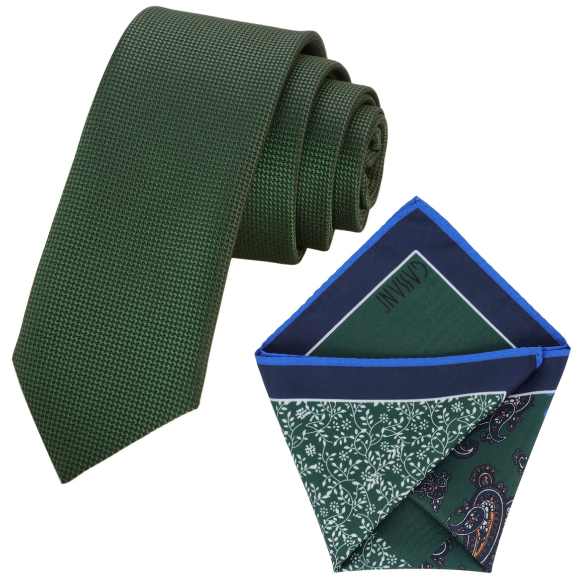 Set cravatta GASSANI, cravatta da uomo verde stretta larga 6 cm, fazzoletto colorato 4 disegni