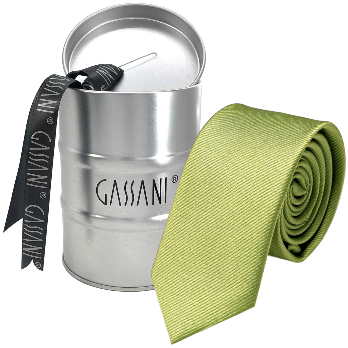 Pánský kravatový pořadač GASSANI 8cm úzký nefritově zelený pruhovaný Uni Rips v dárkové krabičce Plechová krabička